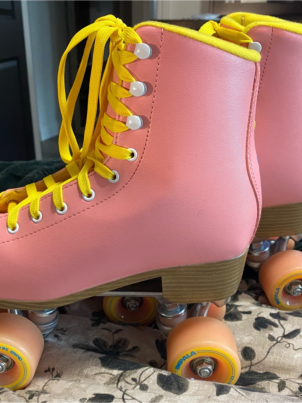Women’s Pink Roller Skates with Yellow Laces - Picture 2 of 4